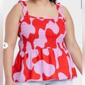 Ava & Viv Women's Orange and Pink Smocked Abstract Print Tank Top Size 3X